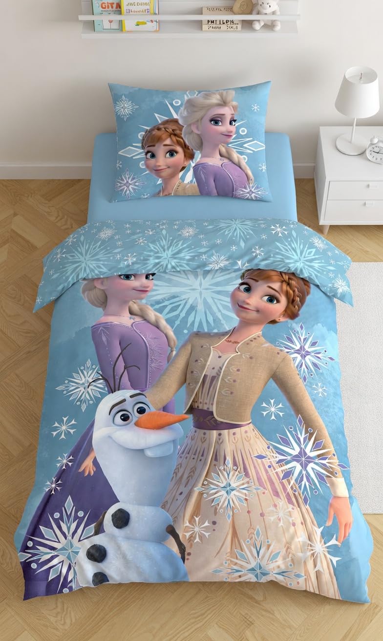 Reine des Neiges White Snowflake Housse de Couette 140x200 + Taie | Parure de lit réversible 1 personne | Coton naturel respirant Oeko-Tex | Elsa Anna Olaf Disney | Fille | Cadeau