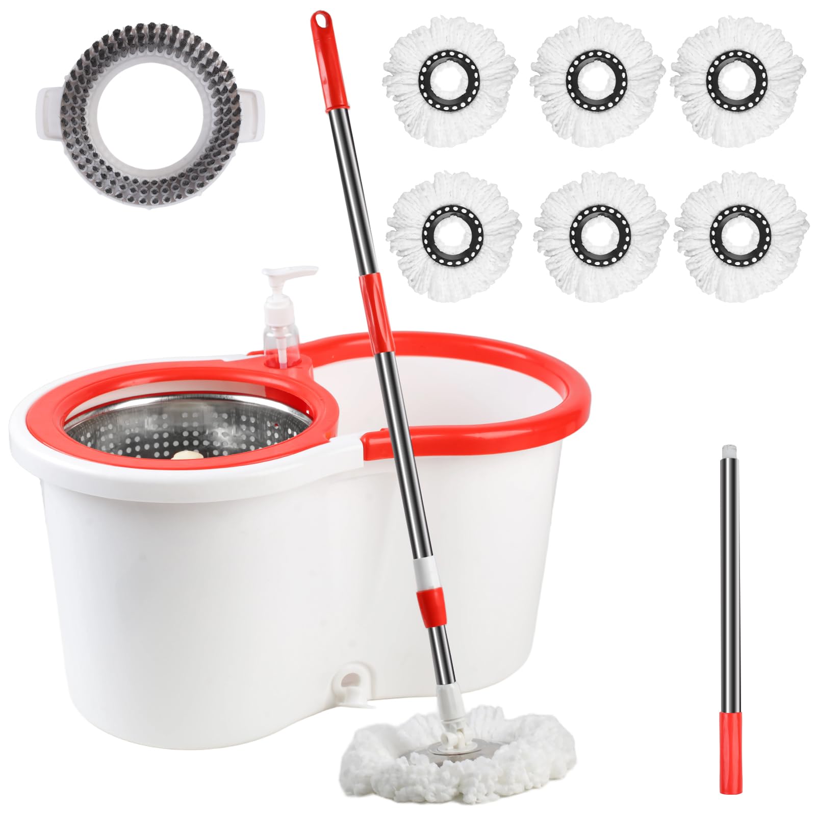 Trapeador giratorio y cubo con juego de escurridor, sistema de cubo giratorio de 360° con 6 cabezales de repuesto de fregona de microfibra y mango ajustable de acero inoxidable de 61 pulgadas para