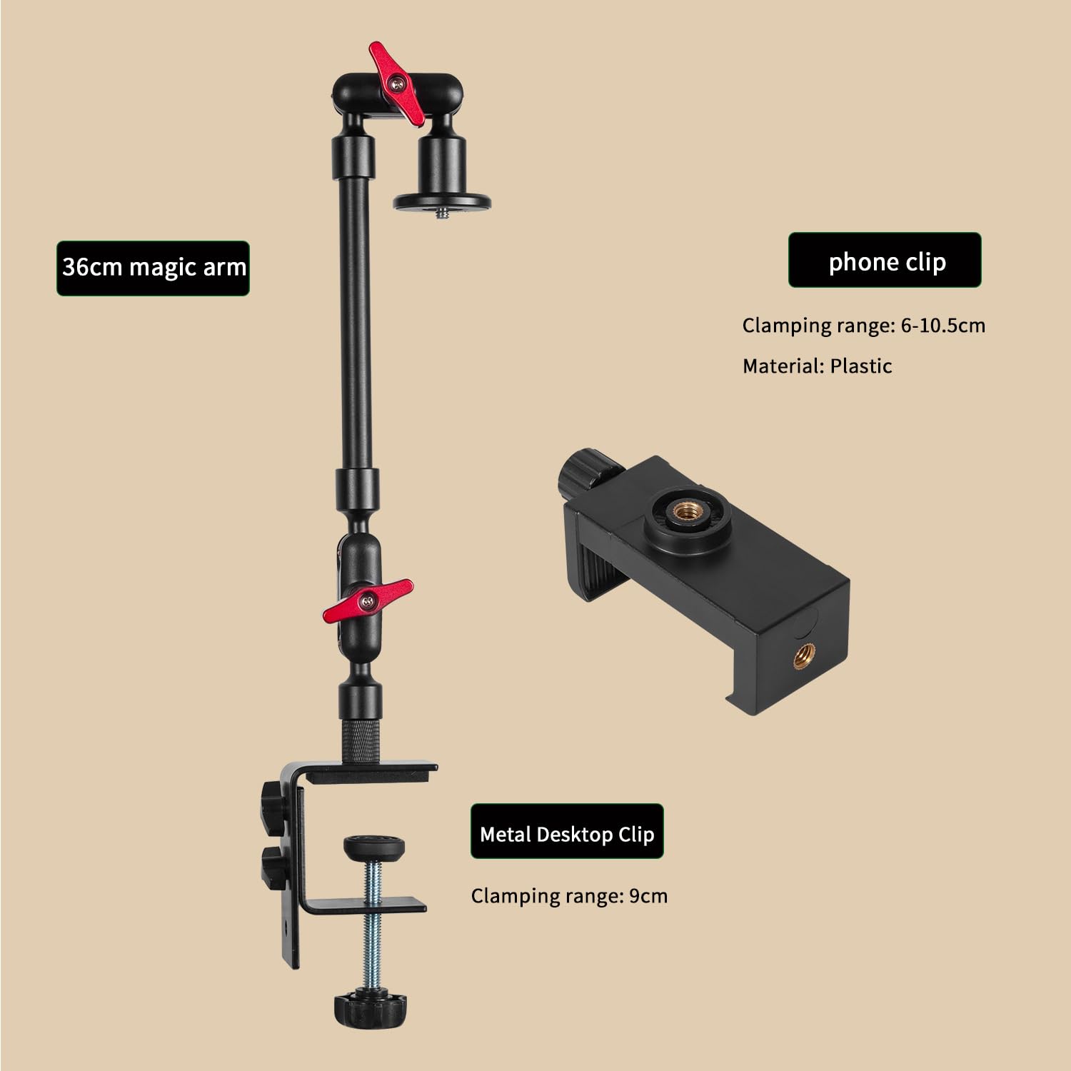 Magic Arm with Clamp, Long Articulating Arm Camera Mount, Adjustable Phone Mount Holder 360° Rotation, Mic Arm for Microphone, LED Lights, for Phone, Tripod, Desk, Table