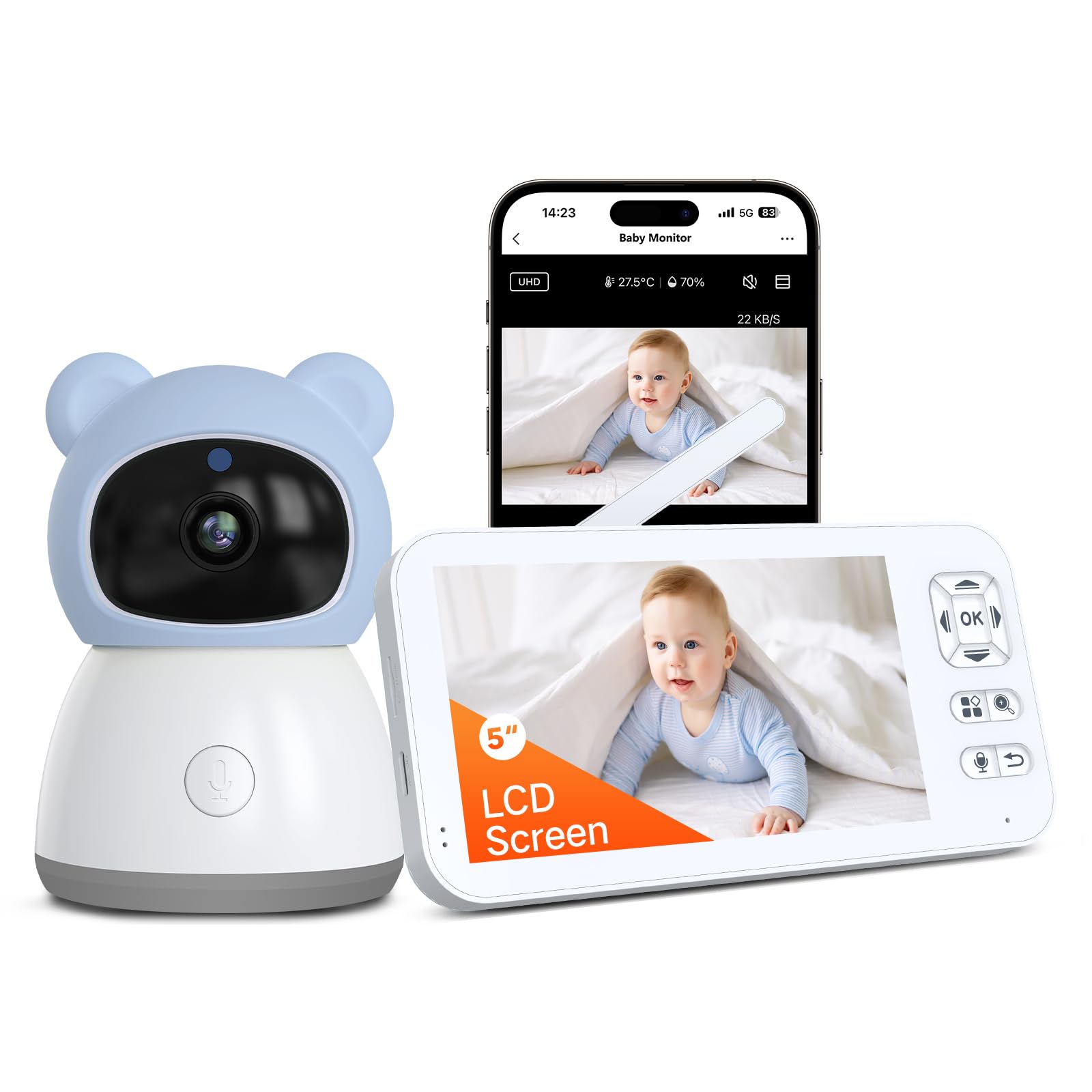 Babyphone mit Kamera 2K/3MP, 5" WLAN Video Babyfon mit App, PTZ 360 Grad Bewegungsverfolgung, IR-Nachtsicht, Weinen/Bewegungs/Geräuscherkennung, Temperaturerkennung, App Steuerung
