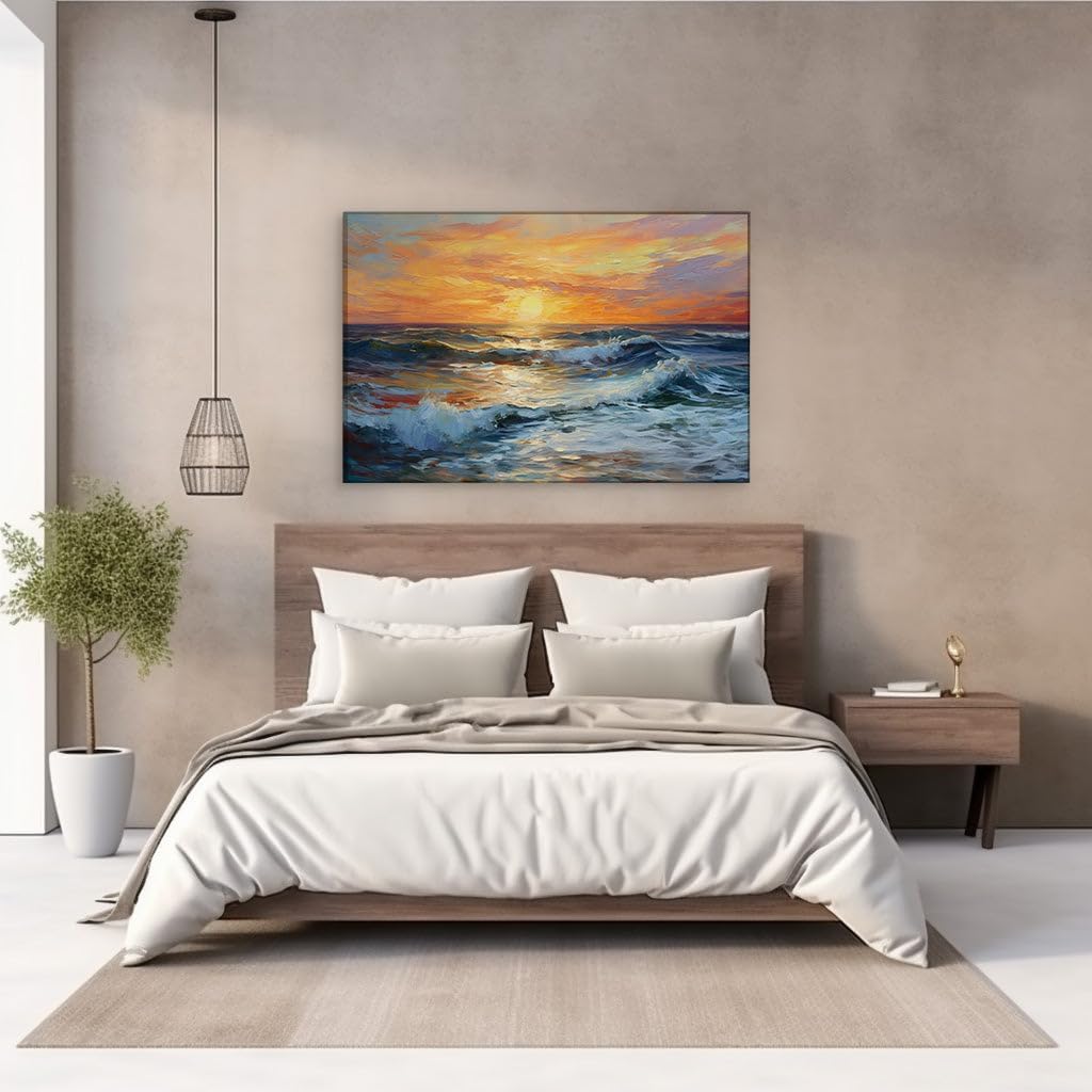 Canvas for Living room. Golden Horizons - Unveiling Nature's Fiery Masterstroke Over Turbulent Seas, 27 x 18 inch Canvas Wall Art - Contemporary Masterpieces - Modern Home Decor