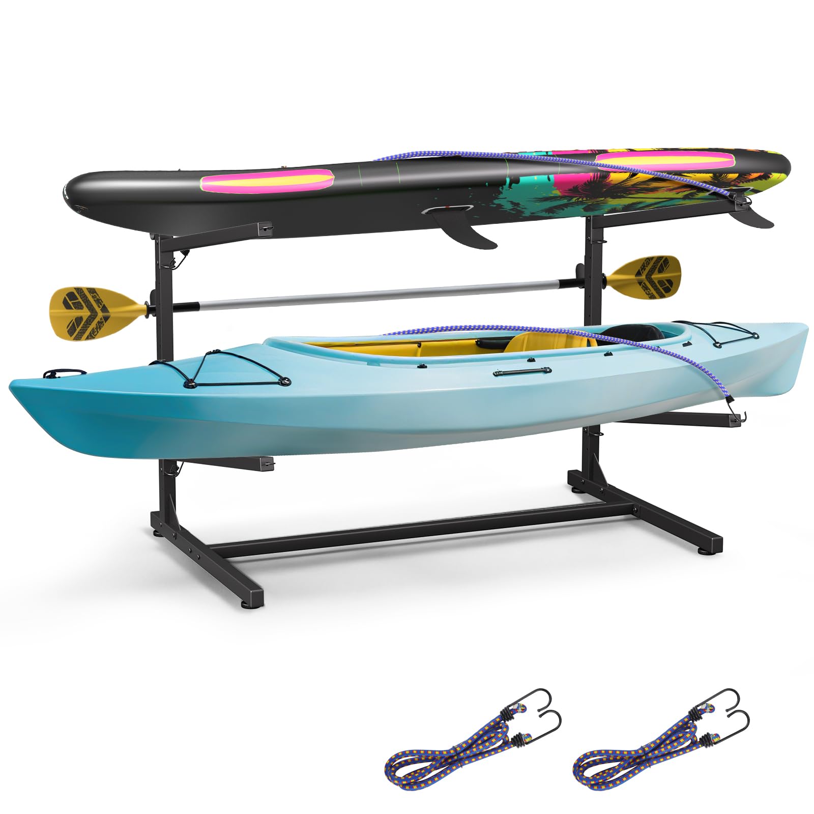 FuzzlyCo Kayak Storage Rack, Heavy Duty Freestanding Kayak Racks for Garage and Outdoor Storage, Storage Rack Adjustable for Kayak, Canoe, Surfboard & Paddle board (2 Levels for 2 Kayaks)