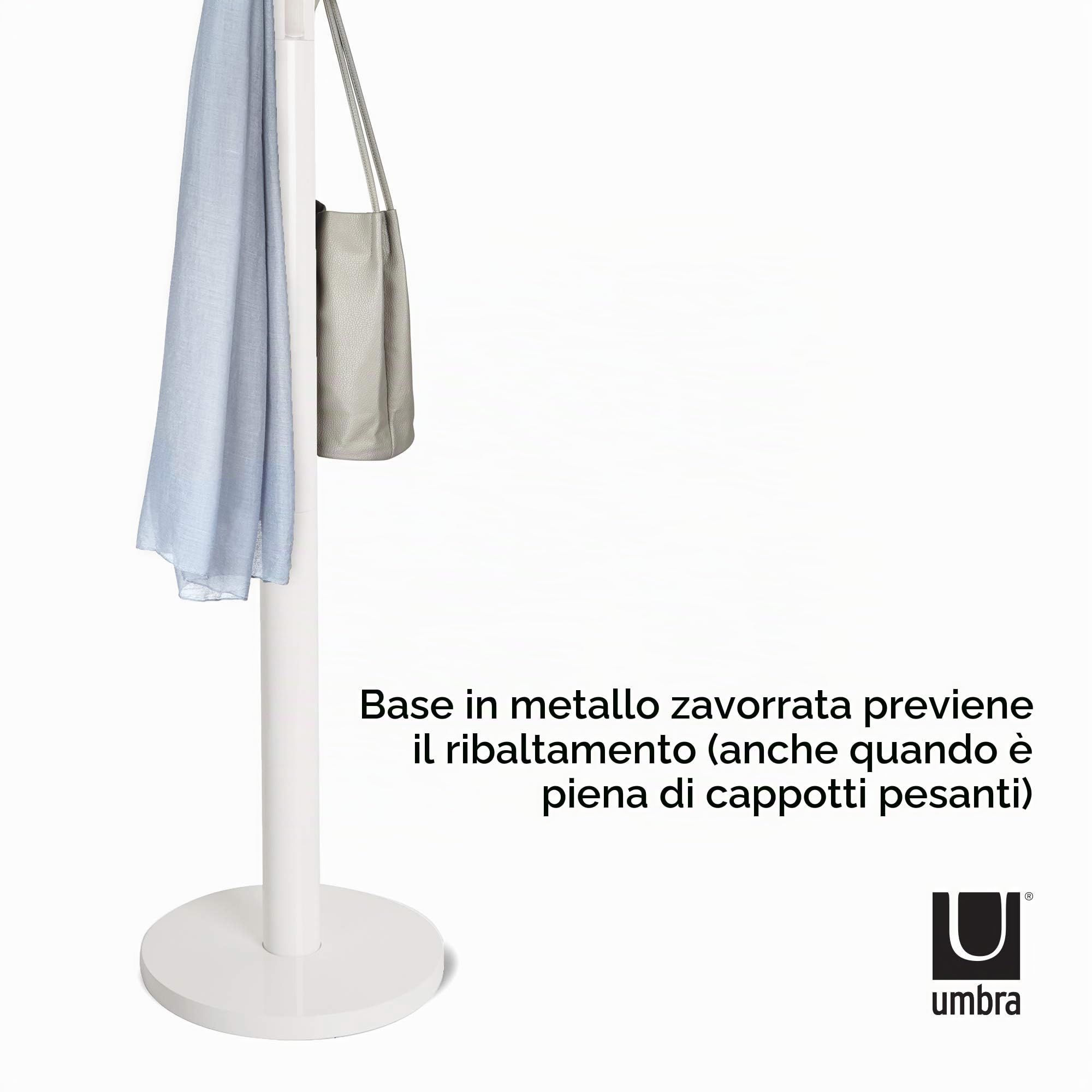 Umbra Flapper Attaccapanni da terra con 9 ganci ribaltabili, Legno di hevea, Bianco
