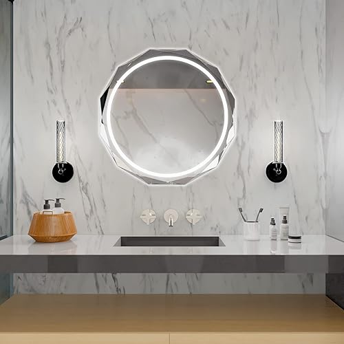 SNUGACE Espejo de baño LED redondo, con borde biselado, sin marco, espejo de tocador de baño con 3 colores y antiempañamiento, 30 pulgadas, plateado
