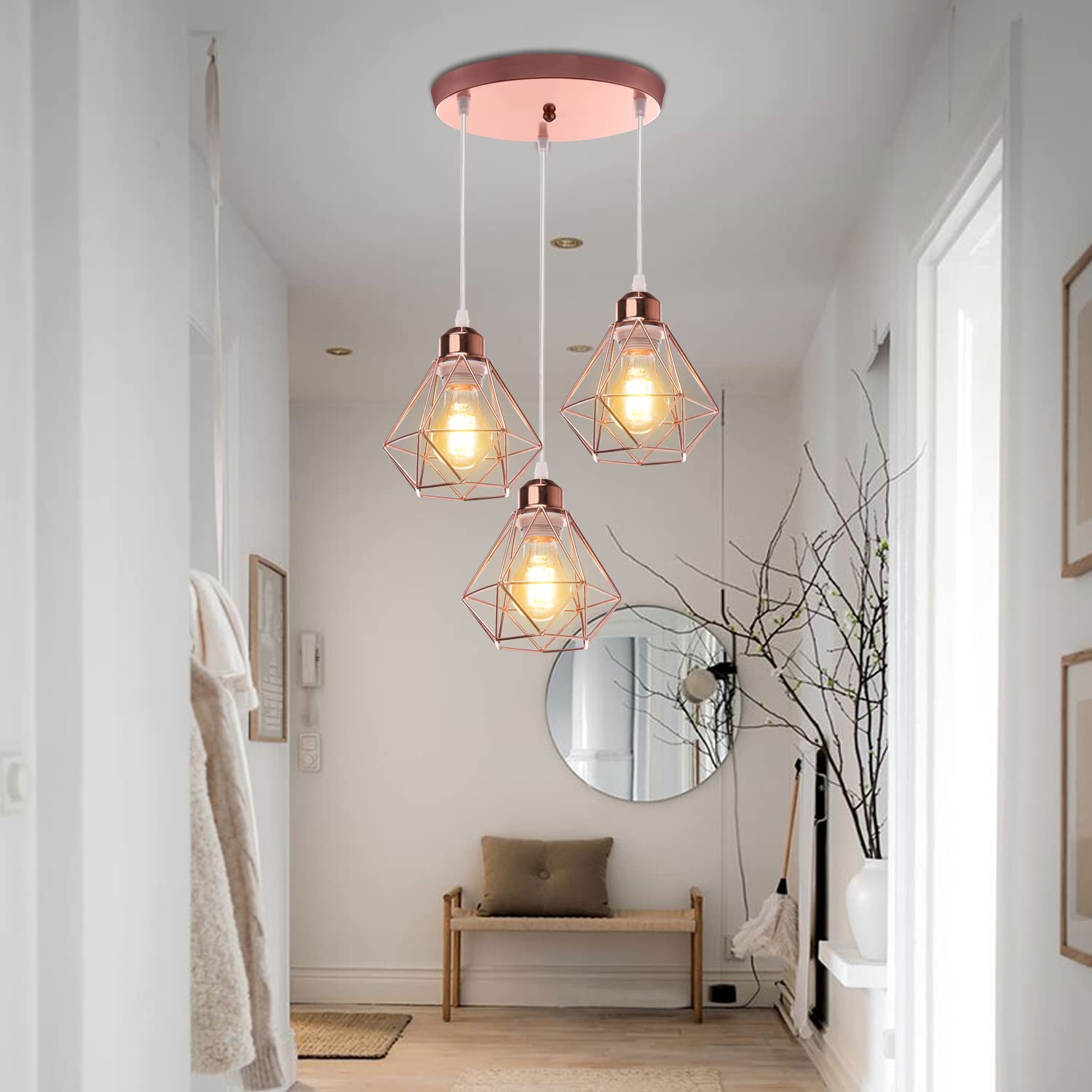Plafonnier Industriel Vintage Luminaire E27 Rétro Lustre Suspension Design Métal Cage Ø160mm éclairage plafond Pour Salon Cuisine Chambre (Or rose-base de 25cm)
