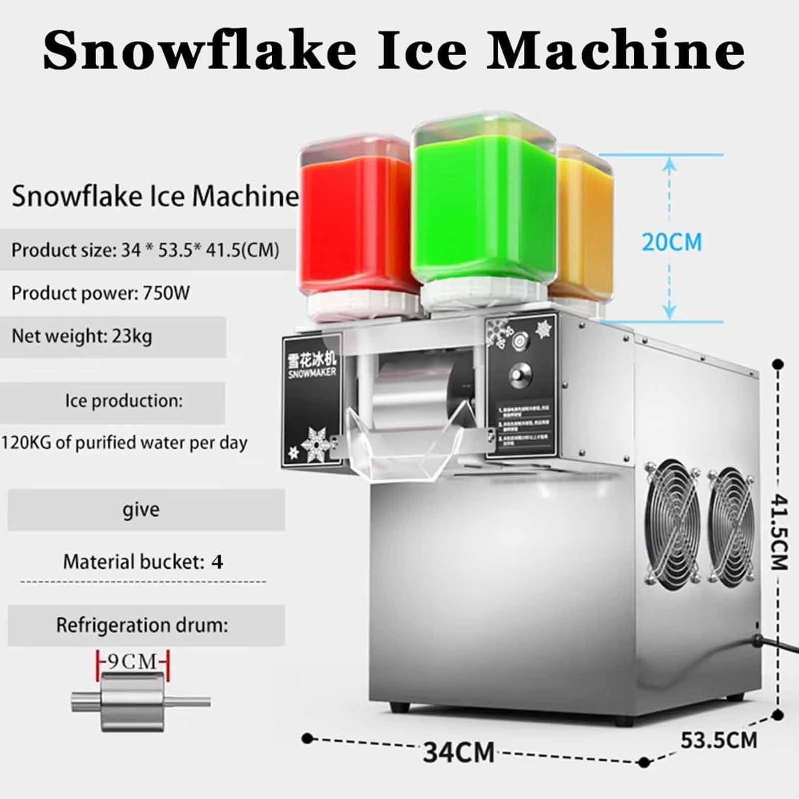Máquina de Hielo Comercial de la Esposa de Nieve, afeitadora eléctrica 1200W para Batidos y Batidos, ajustes Ajustables, construcción de Acero Inoxidable con 4 Cubos
