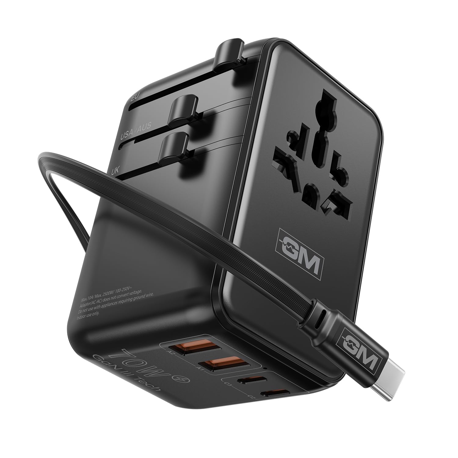 GM G+ 70W TravelEase Pro Adaptor with 75mm Retractable Cable|Universal Travel Adaptor|Dual USB Ports Multiplug Charger with GaN Fast Charging|Worldwide Compatibility|Compact & Travel-Friendly - Black-image-32