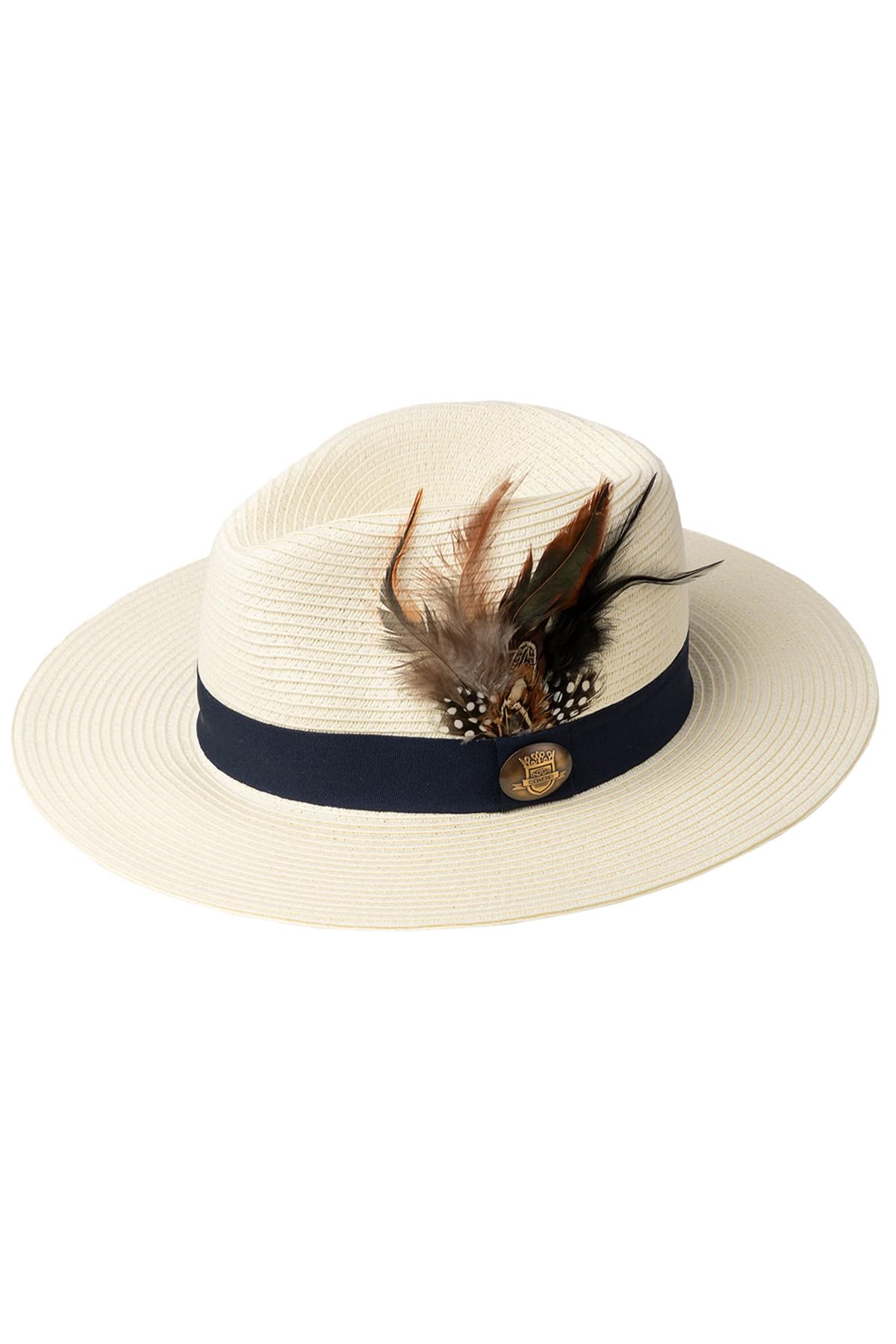 Rydale Ladies Panama Hat with Feather Women's Summer Fedora Hats Trilby Headwear (as8, Alpha, s, Cream)