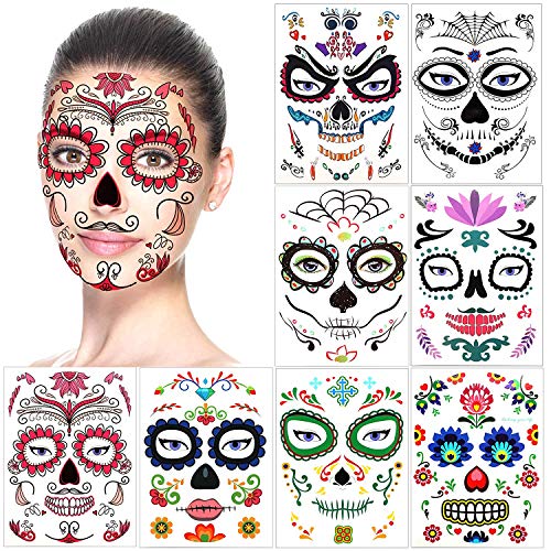16 Sheets Day of the Dead Sugar Skull Face Tattoos Rose Design Temporary Skeleton Face Tattoos Kit for Halloween Custom and Parties