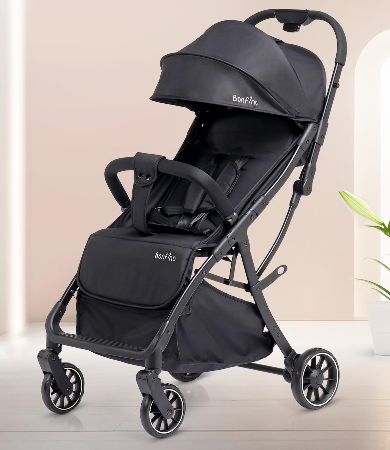 Bonfino Aero Lite Premium Baby Cruiser Stroller With 5-Point Safety Harness&Reclining Backrest,Baby Stroller for 0-3Years Foldable, Storage Basket,Swivel Wheels,Lightweight Pram for Baby/Toddler,Black-image-38