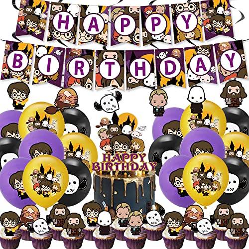 BlinBlin Décorations d'anniversaire pour fête Hary Pot, décorations d'anniversaire magiques, bannière Happy Birthday, ballons, décorations de cupcakes, décorations de fête d'anniversaire Cover