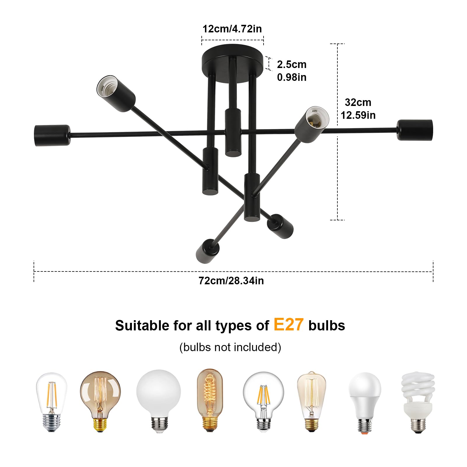 Comely Lampadario Sputnik Nero, 6 Luci Plafoniera Soffitto E27, Lampada da Soffitto in Ferro Vintage per Camera da Letto Sala da Pranzo Cucina, Angolo Regolabile