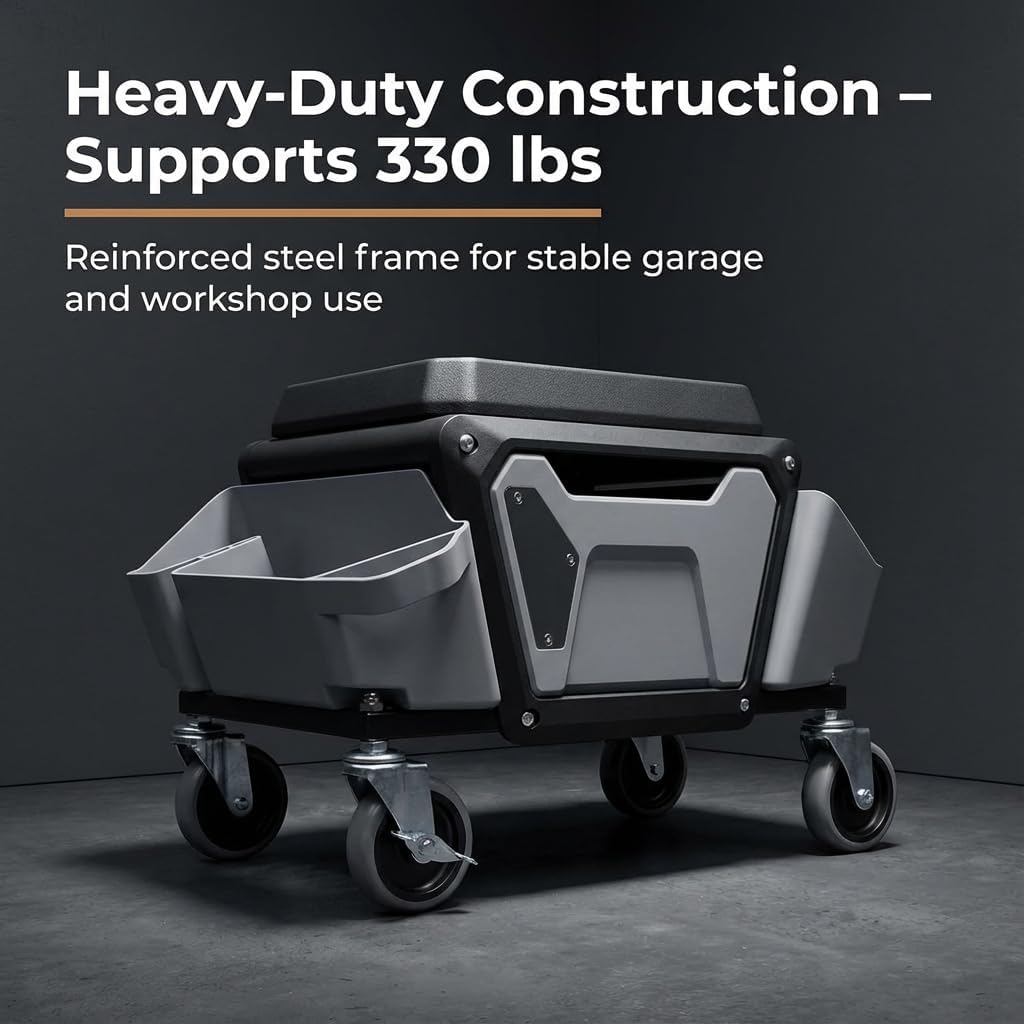 Rolling Mechanics Stool - Heavy Duty 330 LBS Capacity Rolling Garage Detailing Stool with Soft Rubber Cushion Seating & Removable Trays | Mechanics Seat for Auto Repair and DIY Home Car Beauty