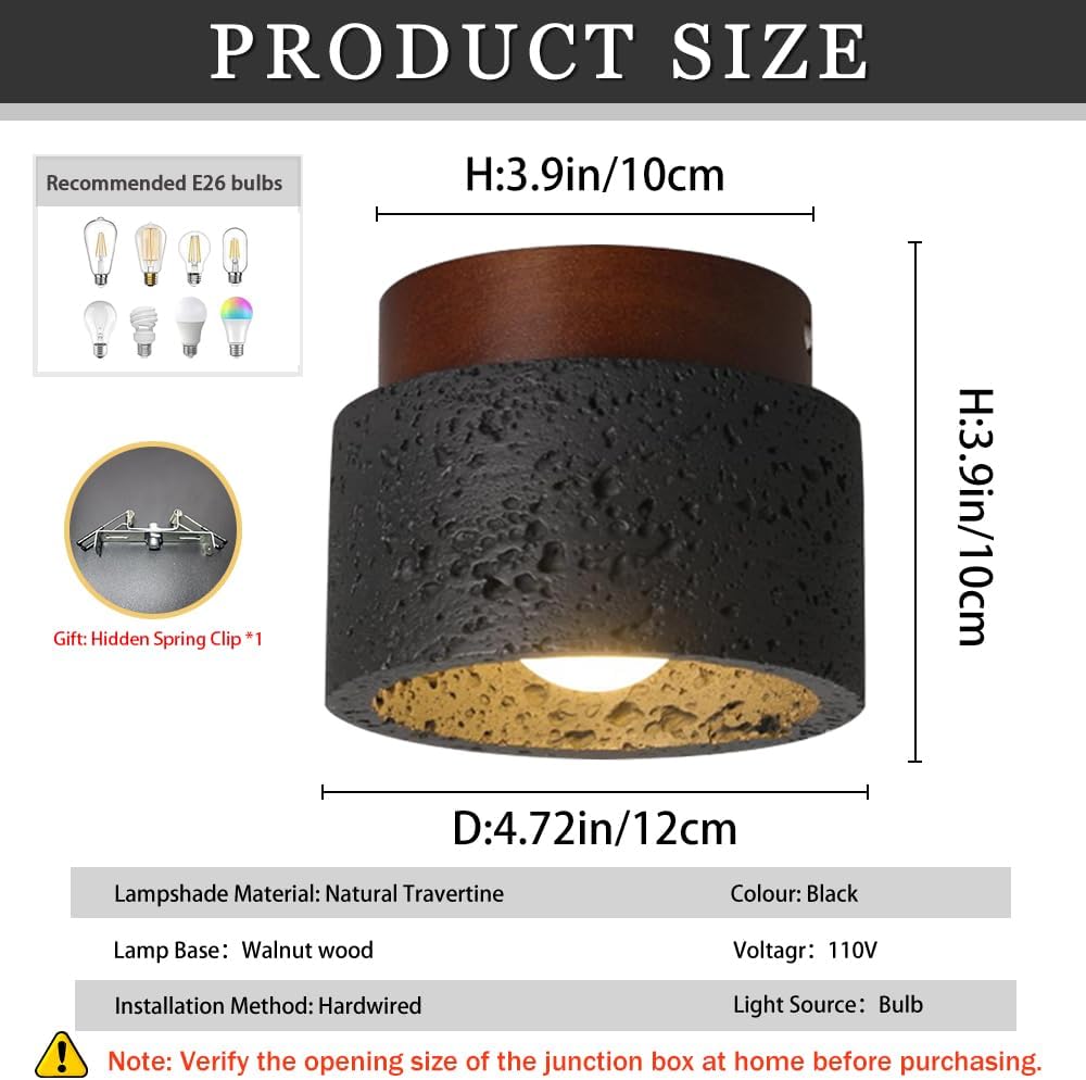 Wabi Sabi Ceiling Lights, 4.7 Inch Japanese Yellow Travertine Flush Mount Ceiling Light Fixture Stone Lampshade with Wooden Plate, Mid Century Ceiling Lamp for Corridor Foyer Entryway (Black)