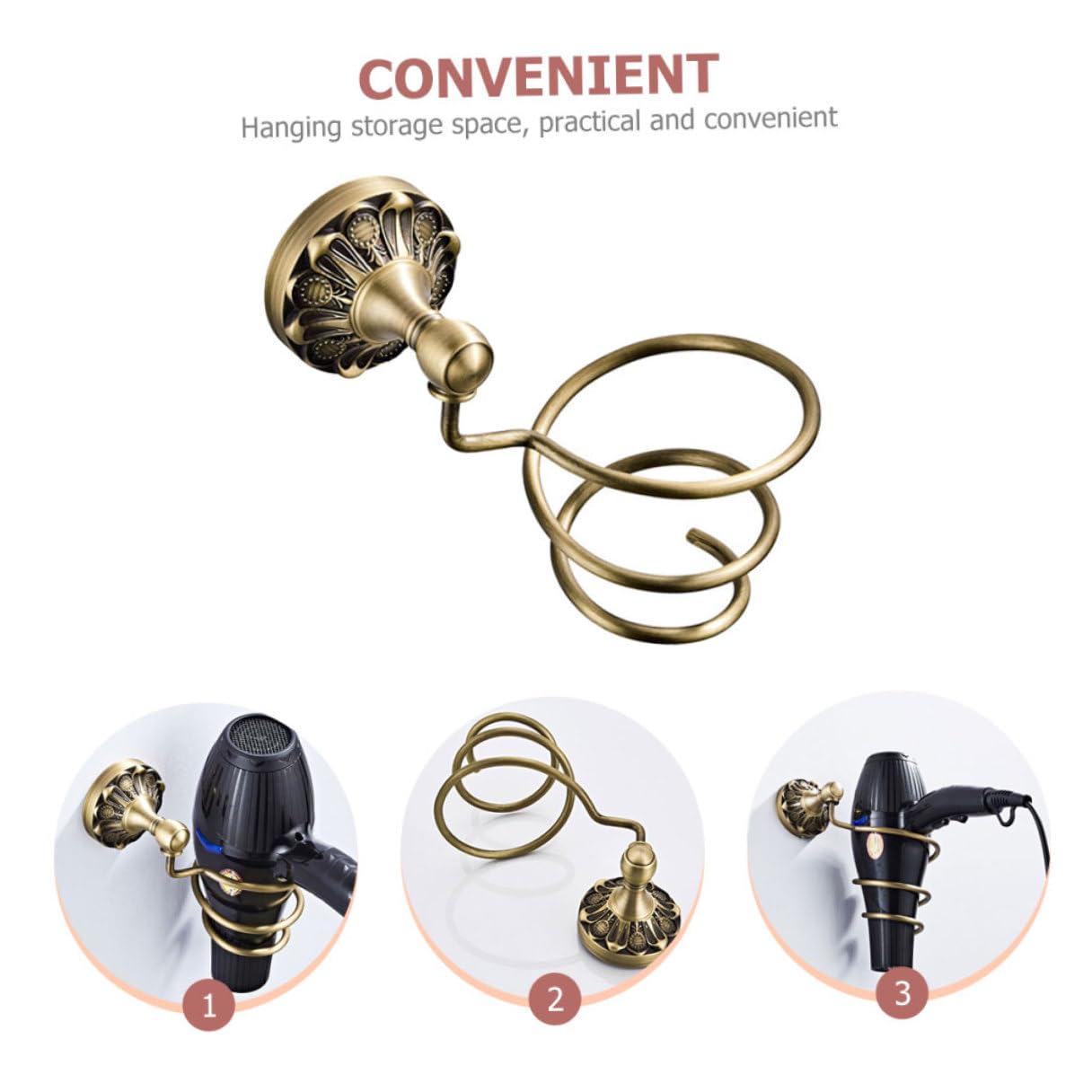 Wandmontierter Haartrocknerhalter aus Kupfer, 1 Satz, Goldfarben