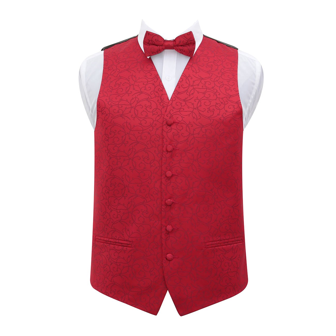 Dqt Men's Burgundy Swirl Jacquard Waistcoat & Pre-Tied Bow Tie Set (2Pc) - Wedding, Business & Formal - 46" (3Xl)