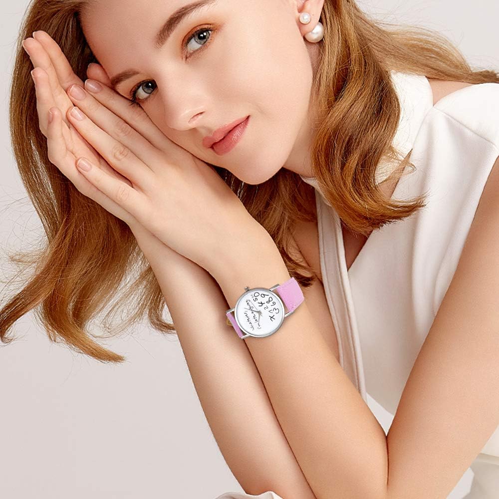 Souarts Brown Strap Dial Whatever I Am Late Anyway Artificial Leather Quartz Round Watch (Pink)
