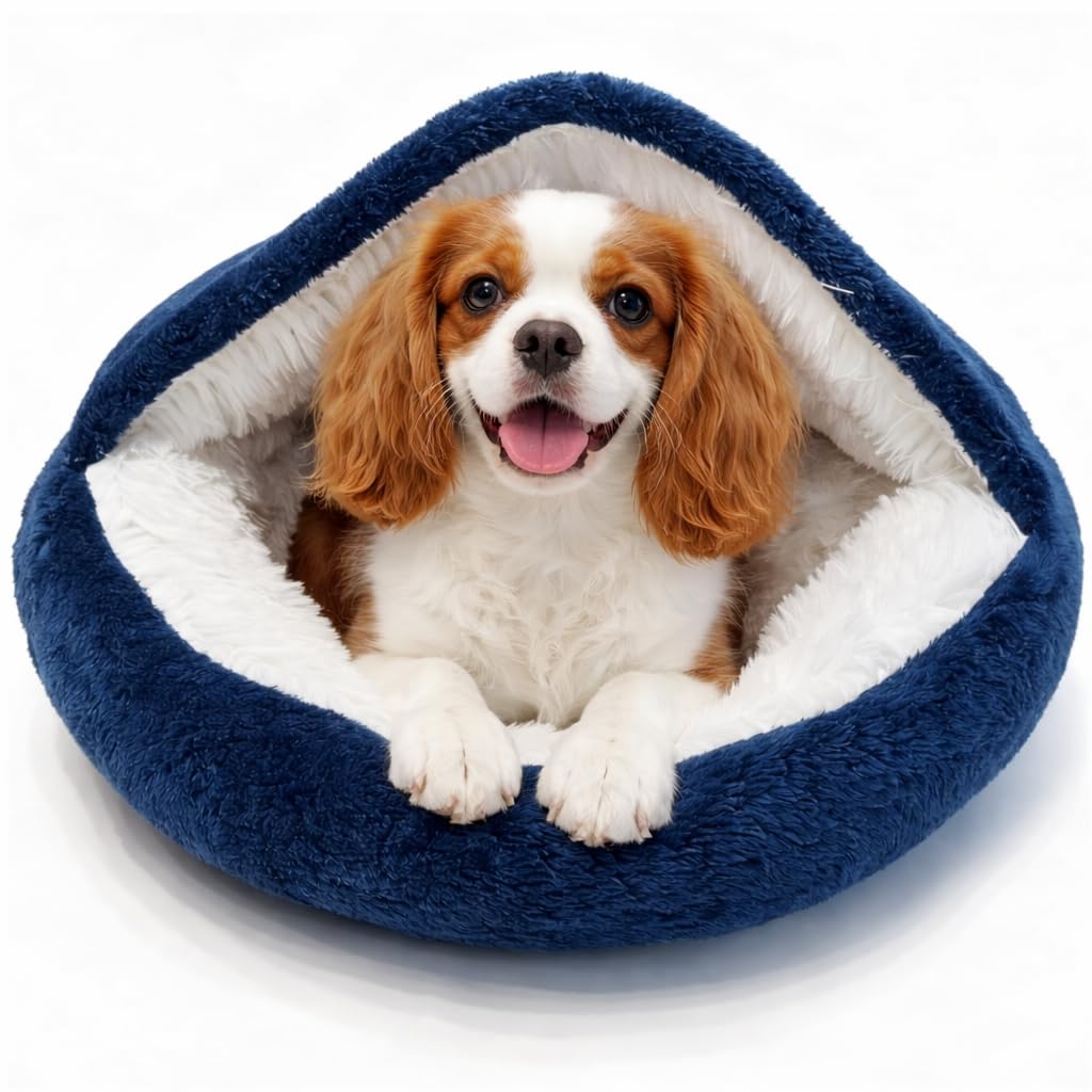 Cuccia anti-ansia per cani, 50 cm, con tetto, per animali domestici sotto i 5 kg, accogliente letto con cappuccio, lavabile, in pelliccia sintetica felpata, confortevole, con cuscino