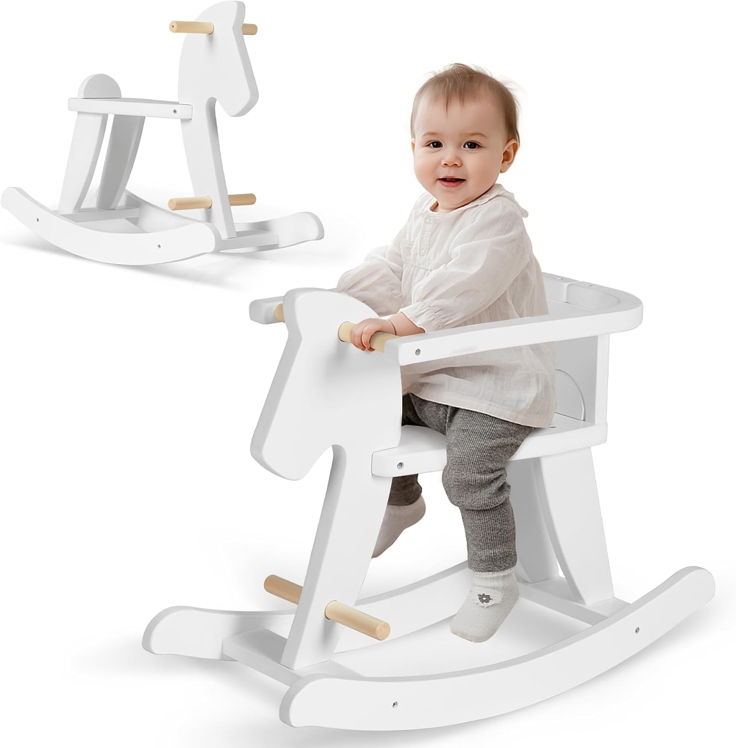 Labebe Baby Schaukelpferd Holz, Weiß Klassisch Schaukeltier, Chic Schaukel Pferd Kinder, Schaukelspielzeug Kleinkind Spielzeug Schaukelstuhl Junge und Mädchen ab 1 Jahr