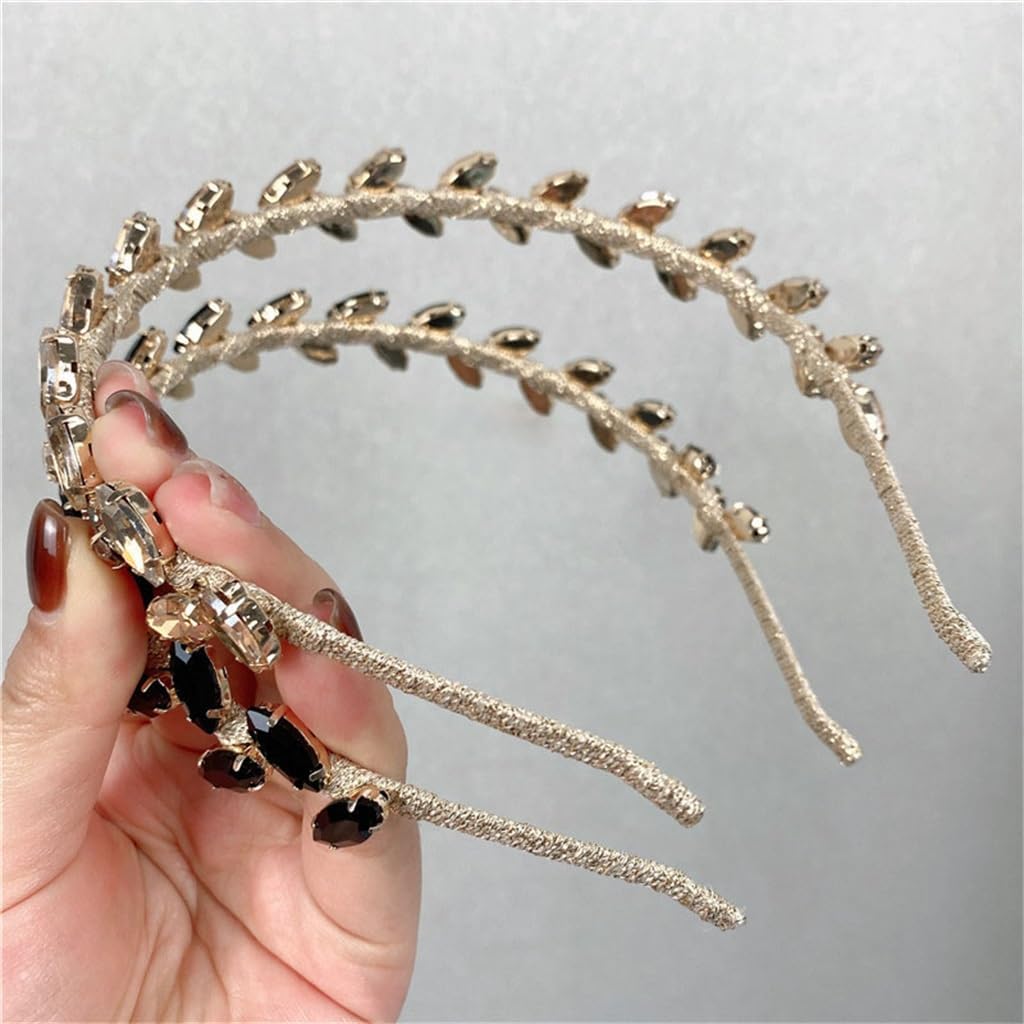 シャンパンヴィンテージメタルクリスタルヘアバンド女性のための葉ラインストーンヘアバンドヘアクリップ頭飾り