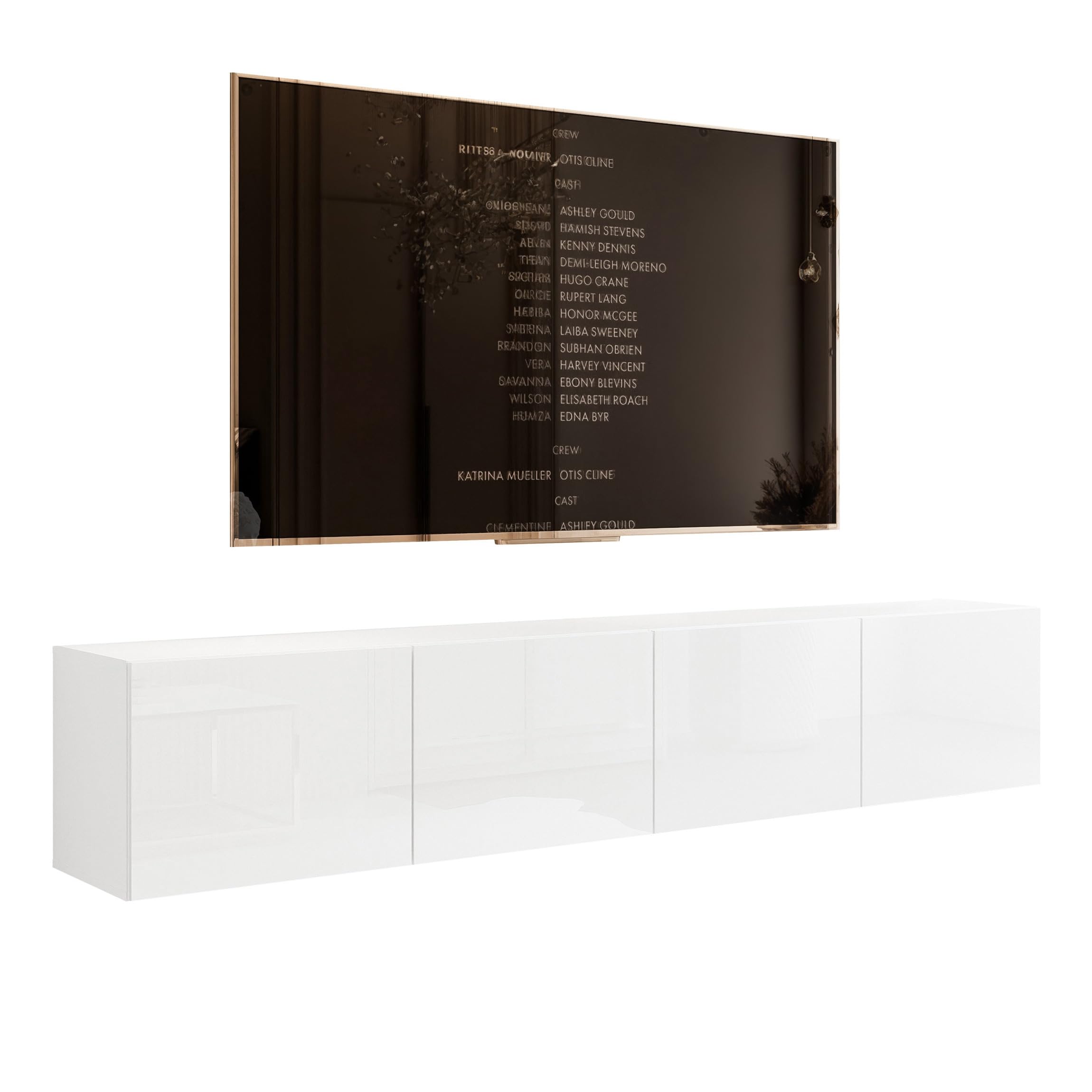 200 cm Meuble TV Suspendu 200 cm avec Rangement et LED - Meuble TV Mural avec 4 Compartiments Spacieux