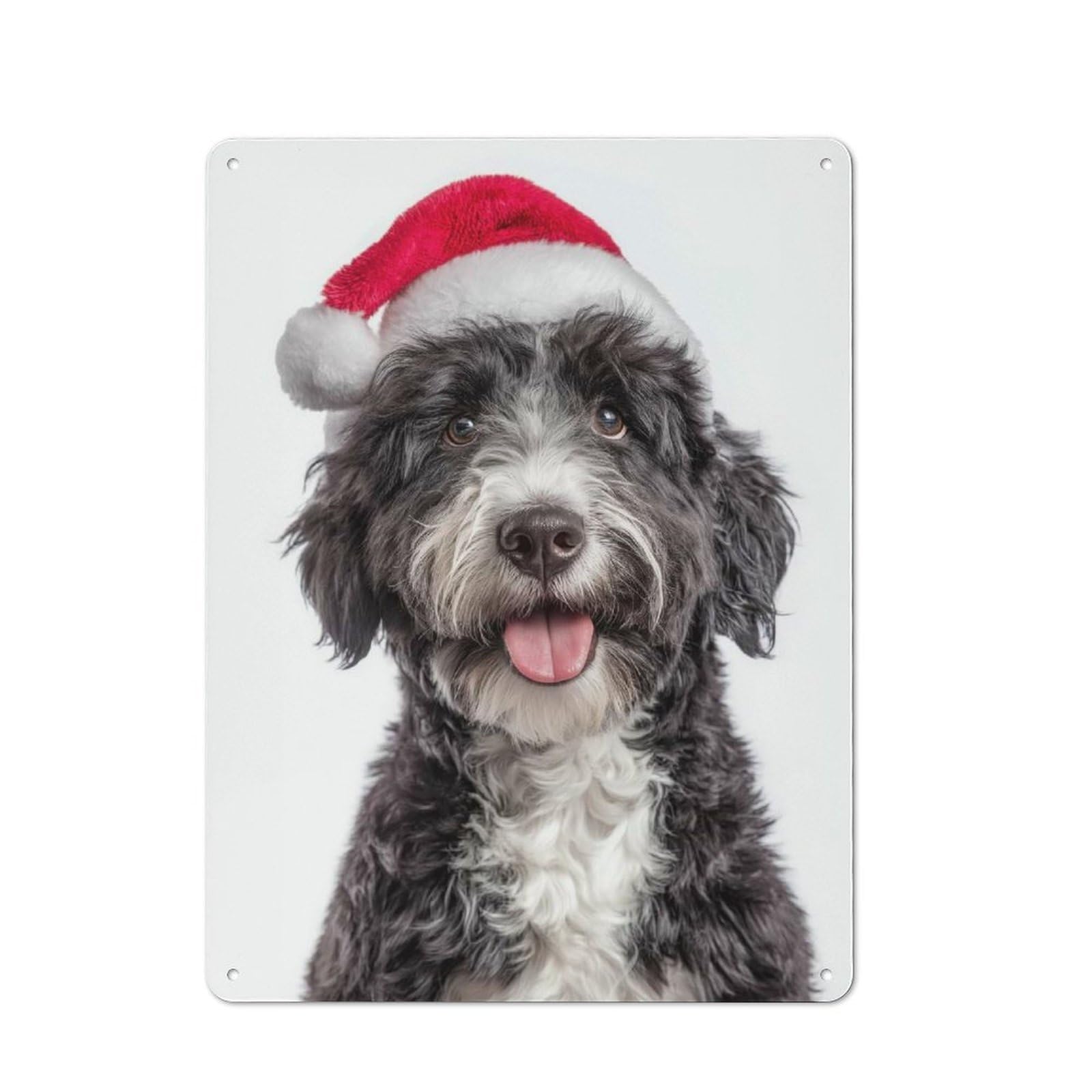 Junmoney Portuguese Water Dog With Santa Hat Portrait Rustic Metal Sign 40X30cm For Kitchen Or Home Bar, Gift For Kitchen Decor Lovers During The Christmas Season
