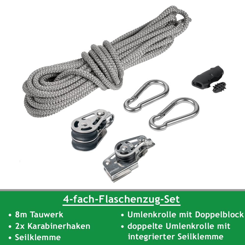Sonnensegel Stange aus V2A Edelstahl mit 3-Punkt Höhenverstellung inkl. Zubehör - 4-Fach Flaschenzug-Set zur Segel Befestigung | für sehr große Segel (3,5m, Ohne Bodenhülse)