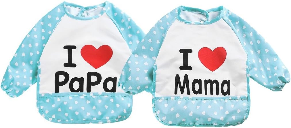 Fontee Baby Set of 2 Bibs with Food Catcher Pocket and Sleeves, Unisex Baby Waterproof Long Sleeved Bibs for 6 Month Infants to 3 Year Old Toddlers (Blue)
