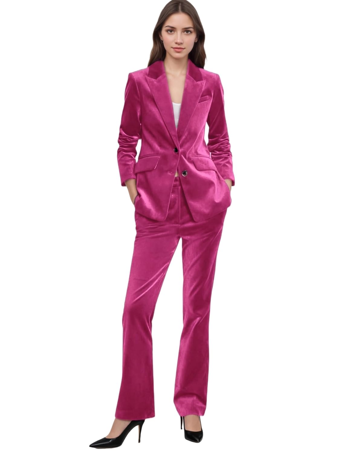 Womens 2 Piece Velvet Suit Slim Fit Office Work Suits Profesional Dressy Business Pant Suit for Women Blazer
