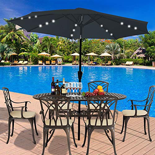 PananaHome 2.7m Garden Parasol Sun Shade Solar LED lights Umbrella with Crank and Tilt Mechanism for Outdoor Balcony Garden Patio Dark Grey