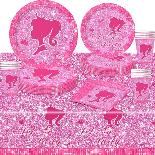 POPOYU 69Pcs Pink Princess Paper Party Tableware Set Girls Princess Party Paper Plates Cups Napkins Serviettes HotPrincess Pink Themed Table Cloth for Girls Birthday Lets Go Parties Table Decor