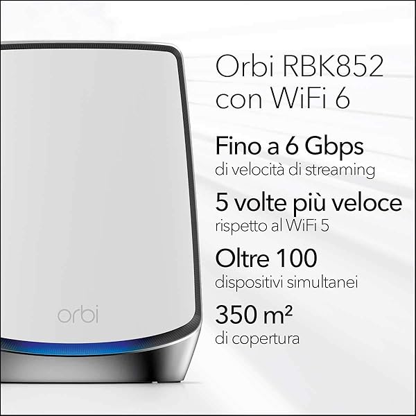 NETGEAR Orbi Mesh WiFi 6 RBK852 Router WiFi 6 Extender WiFi 6 ultraveloce AX6000 TriBand Copertura WiFi Mesh fino a 350 m Sostituisce Router Extender