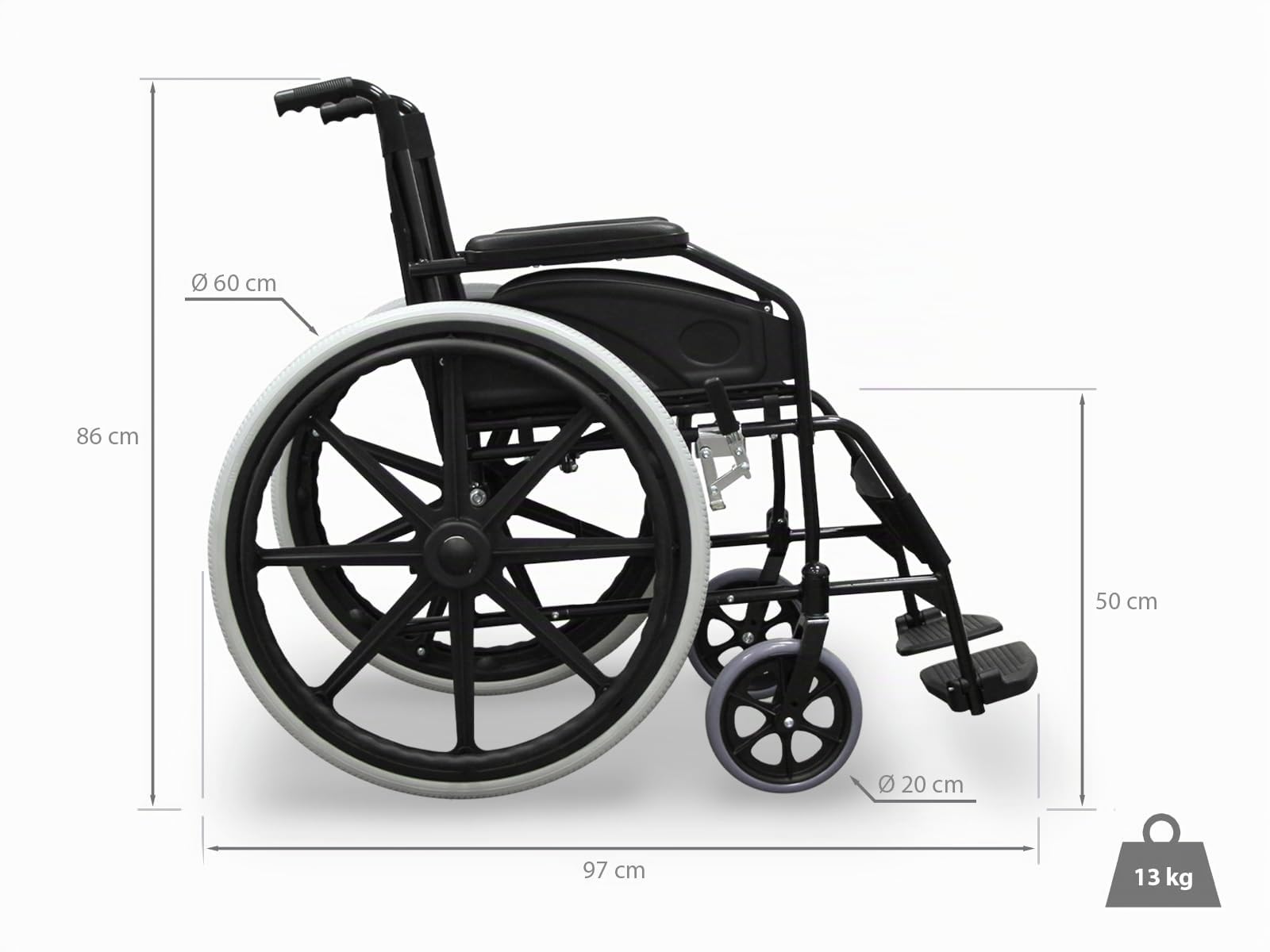 WELLCORE Faltbarer und selbstfahrender Rollstuhl, Aluminium, leicht, kompakt, hohe Festigkeit, massive Räder, Handbremsen, gepolsterte Armlehnen, klappbare Fußstütze
