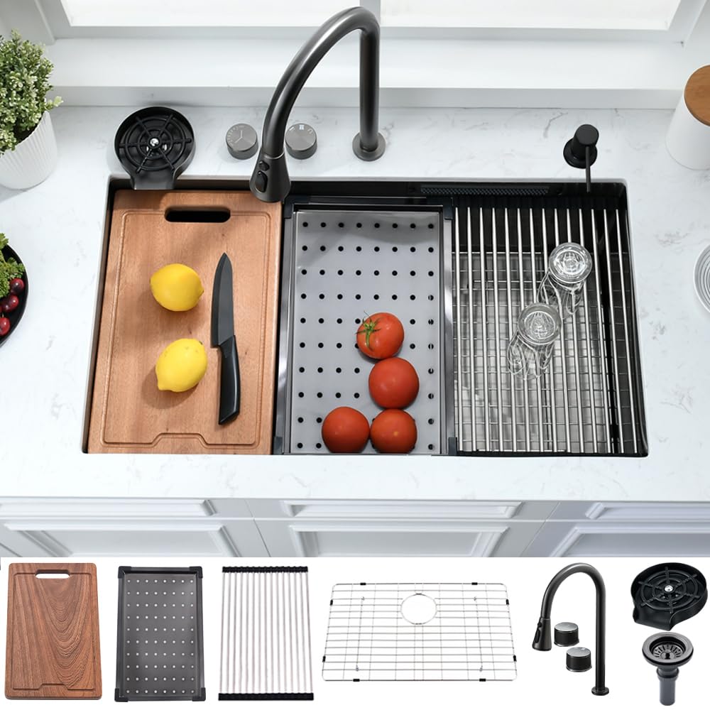 33 Inch Black Waterfall Kitchen Sink Undermount Workstation-Bokaiya 33x19 Undermount Black Stainless Steel Kitchen Sink with Waterfall 16 Guage Multifunction Single Bowl Sinks with Cutting Board