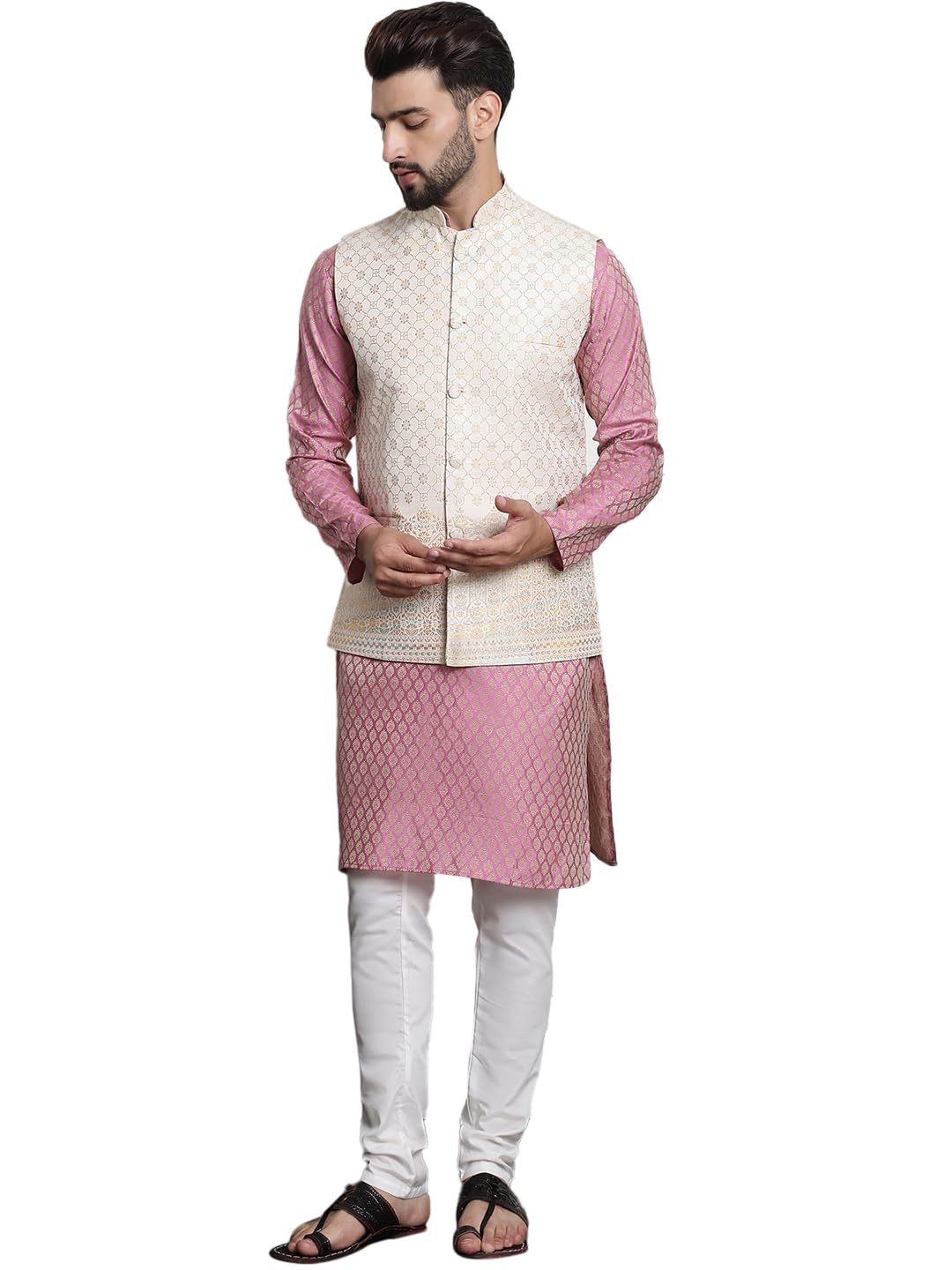 Sojanya (Since 1958 Men's Ethnic Motifs Woven Design Silk Blend Kurta & Churidar With Cream Nehru Jacket Size-40