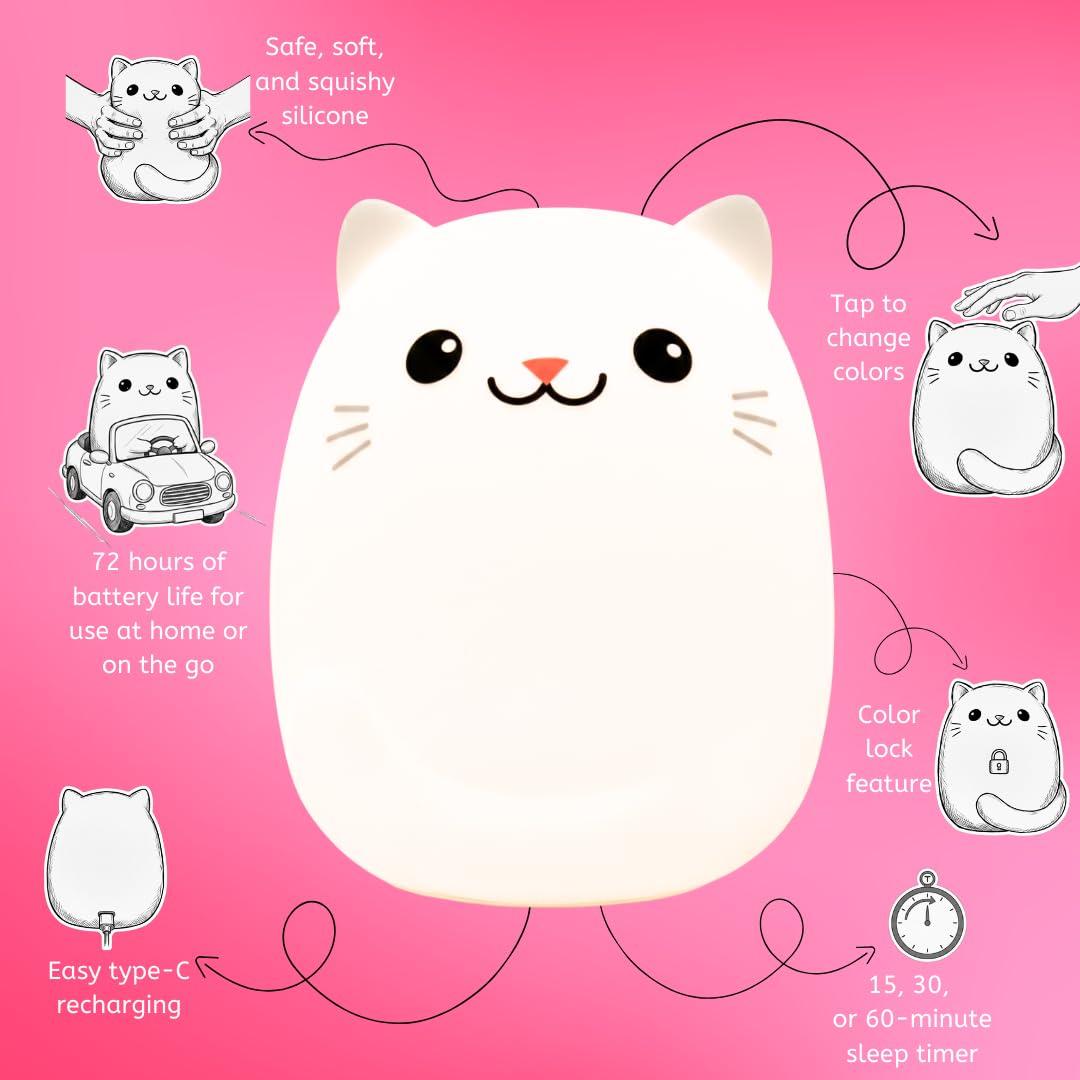 Lumipets Clive the Cat Squishy - Luz nocturna de silicona para niños, bonita luz nocturna con control remoto y táctil para dormitorios de bebés y niños pequeños, luz nocturna portátil que cambia de