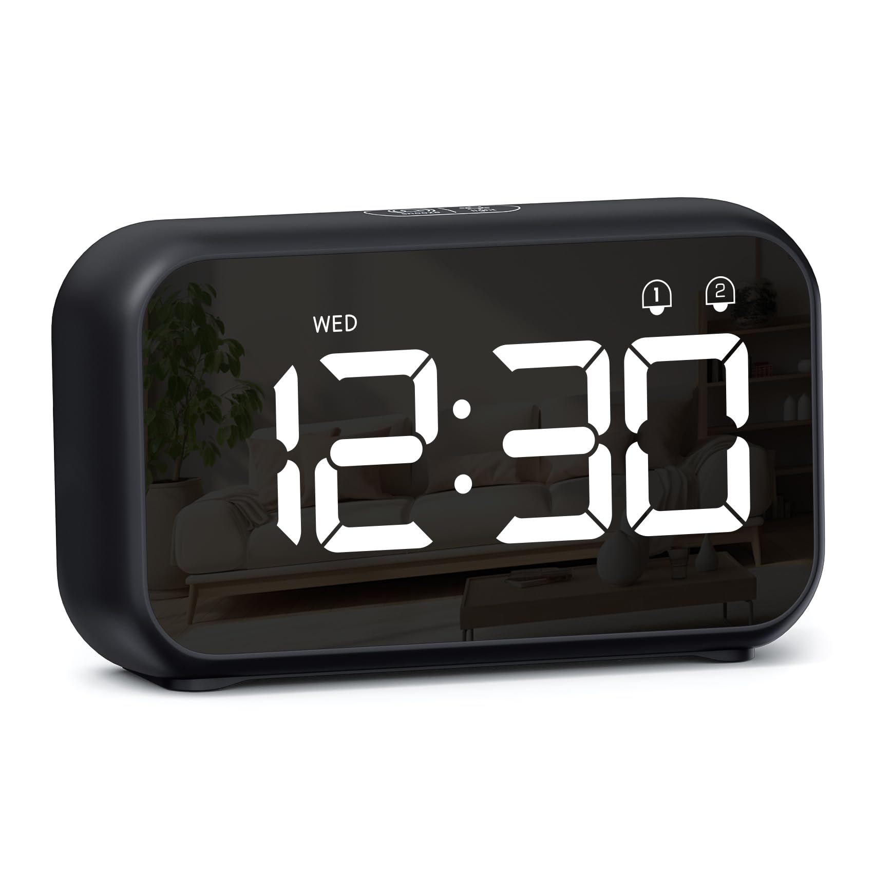LATEC Alarm Clock, Digital Alarm Clock Bedside with LED Display, 4 Levels Brightness, 8 Volume, 40 Alarm Tones, Snooze, Dual Alarms, Week Display, 12/24H, Power-Off Memory, Bedside Clock Black