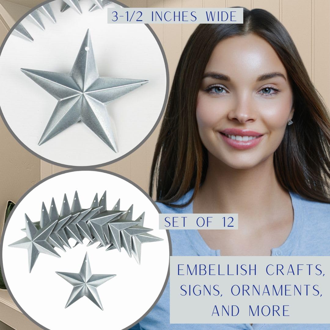Factory Direct Craft Pack of 12 Galvanized Metal Dimensional Barn Stars with Holes - Mini Stars for Crafts and Decorations (Size-3-1/2 Inches Diameter)
