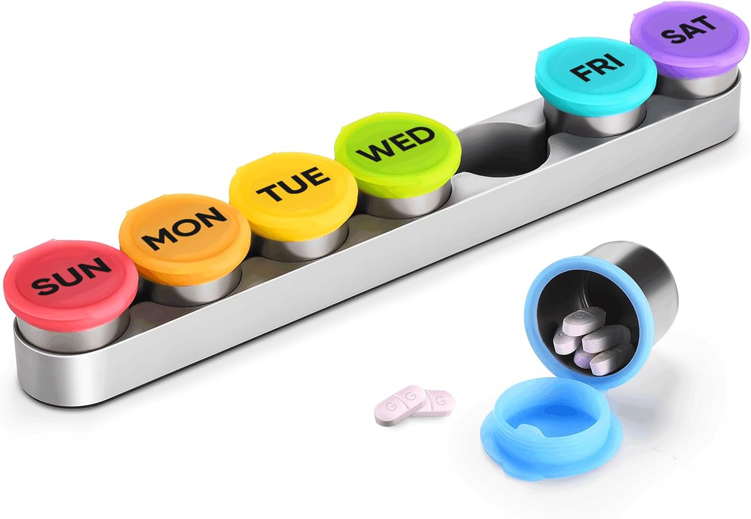 Weekly Metal Pill Case 7 Day, Stainless Steel Pill Box Organizer for Travel, Waterproof Medicine Container, Portable Daliy Pill Holder for Vitamins Fish Oils (Small)