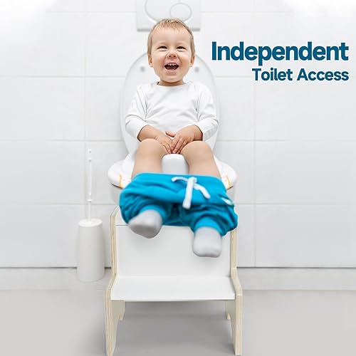 Miniatura 3 de WOOD CITY Taburete para niños pequeños, taburete de madera natural blanco de dos pasos para niños con asas, almohadillas antideslizantes adicionales