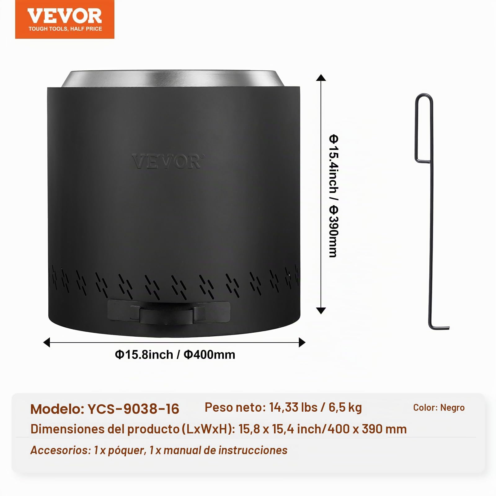 VEVOR Estufa de Fuego sin Humo, 390 mm de Alto, 400 mm de Diámetro, Chimeneas de Leña con Cenicero Extraíble Brasero Portátil para Exteriores de Acero Inoxidable SUS430 para Acampar en el Patio