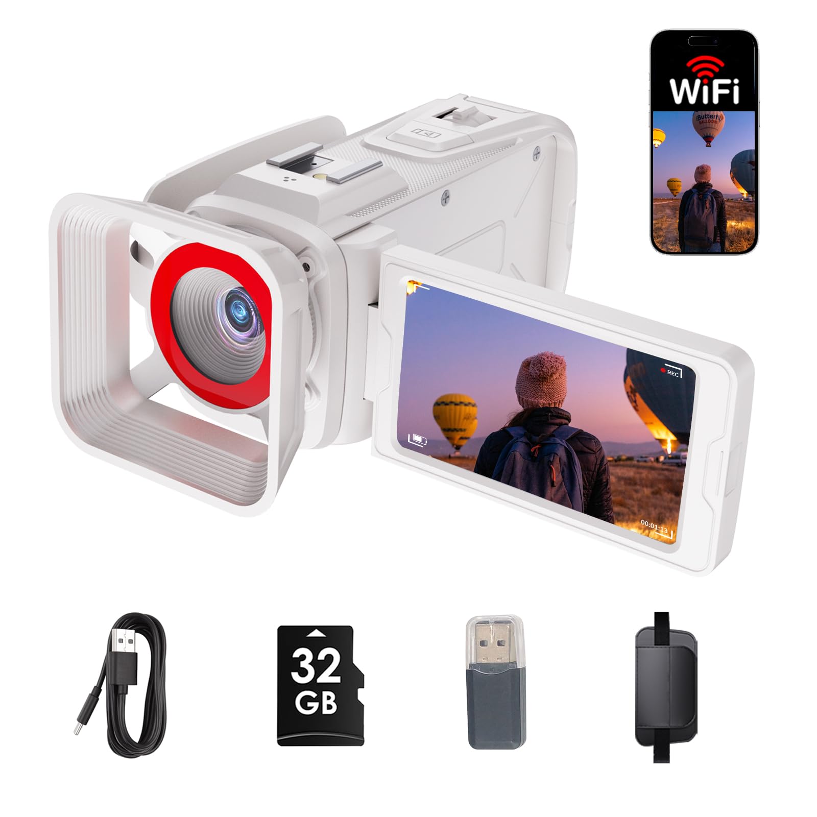 RAZPLYN 4k Camcorder Video Camera,UHD 64MP Vlogging Camera for YouTube with 3" 270° Flip Screen, 18X Zoom/WiFi/Webcam/32GB Card/Built-in 2500mAh Battery/Microphone(White)-picture-22