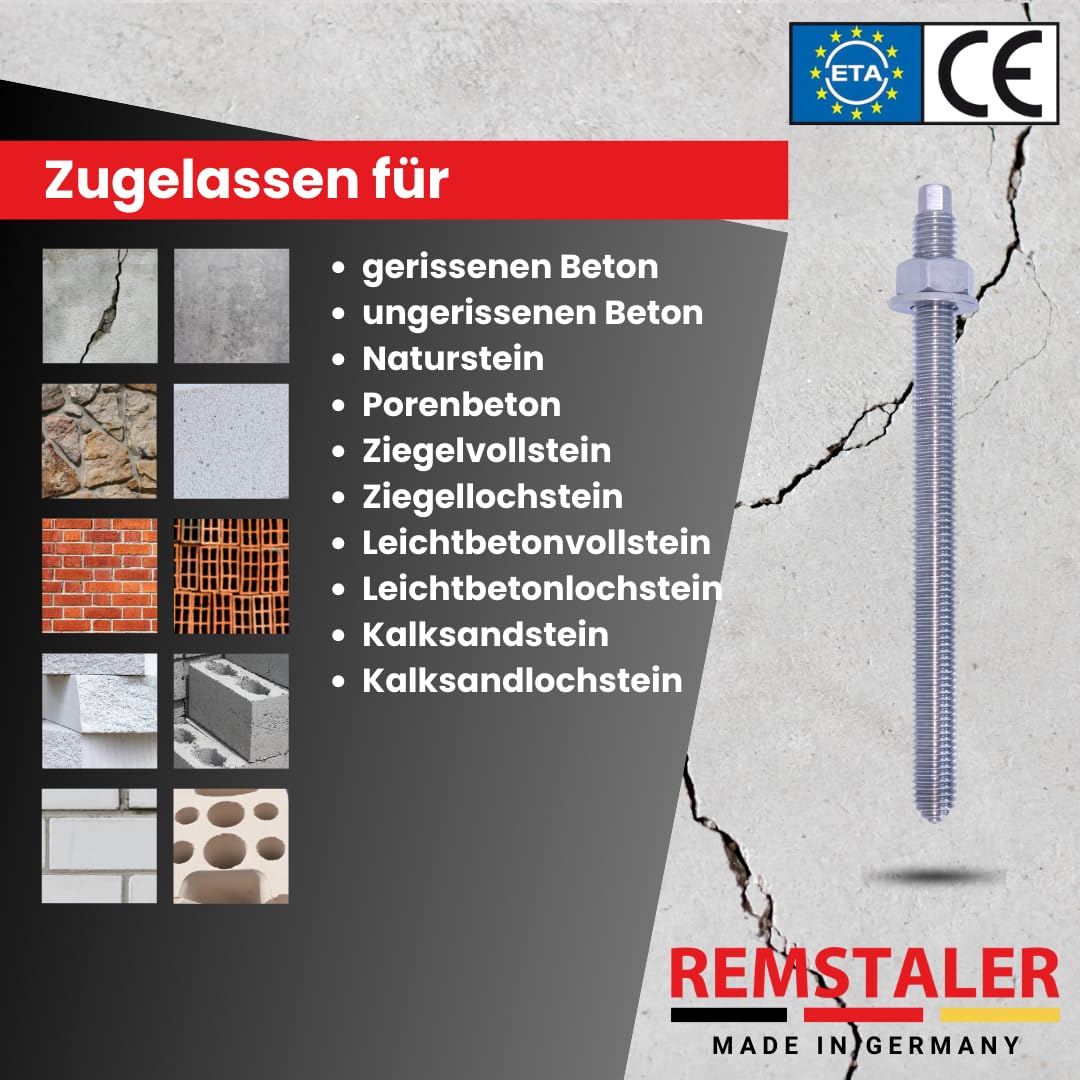 10x Remstaler ANKERSTANGE | M8 M10 M12 M16 M20 | Stahl verzinkt | -HÖCHSTE QUALITÄT- bester Preis (M16x300)