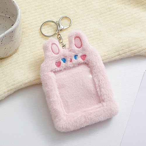 Miniatura 3 de Kawaii Bear Tiger Bunny - Soporte para tarjeta de fotos de felpa Kpop ID de crédito, tarjeta de autobús, funda protectora con colgante de foto (rosa)