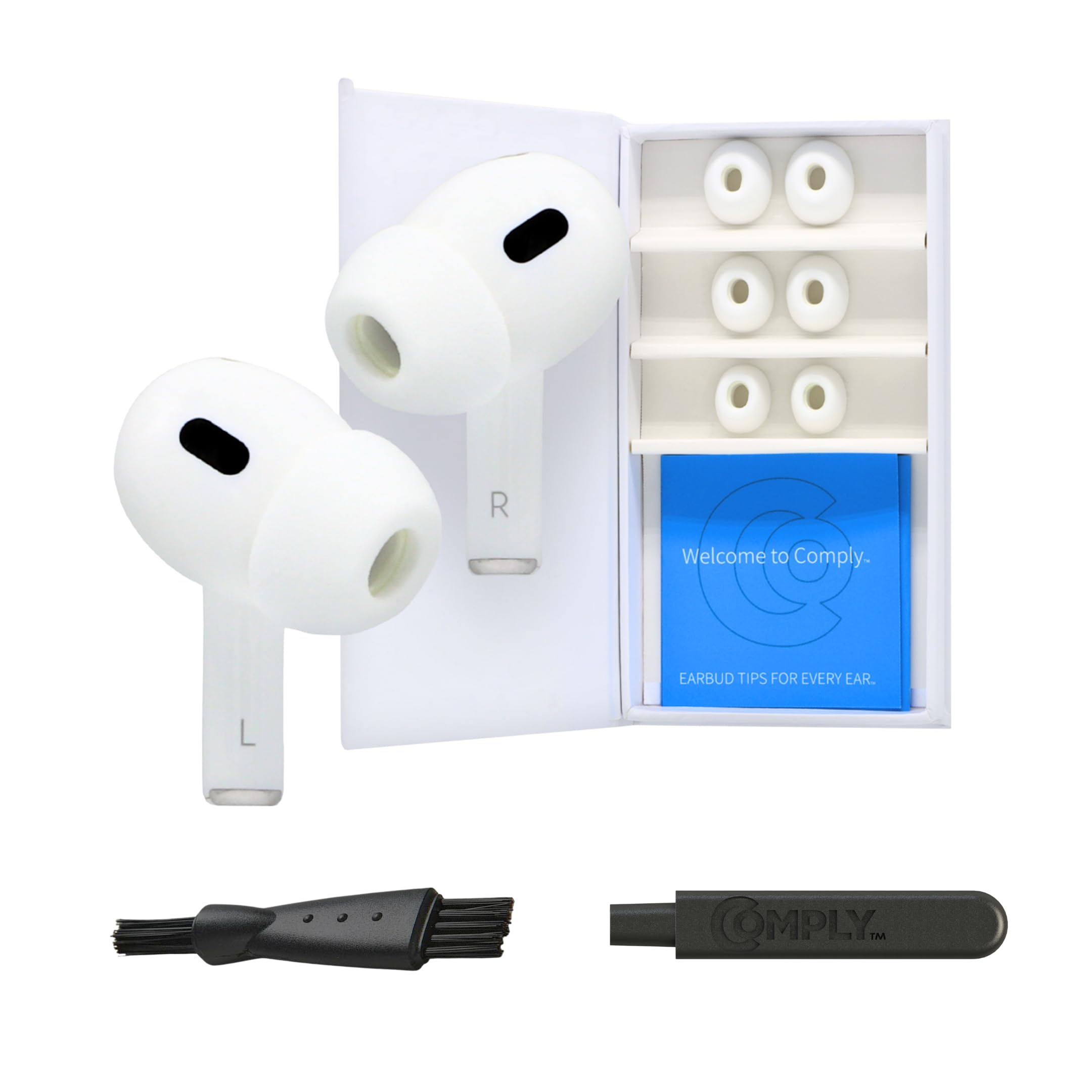 Comply Premium Foam Earplugs Compatible with Apple AirPods Pro Gen 1 & 2nd Size M, New 2025 Version with Disassembly and Cleaning Tool, White, 3 Pairs, Made in The USA