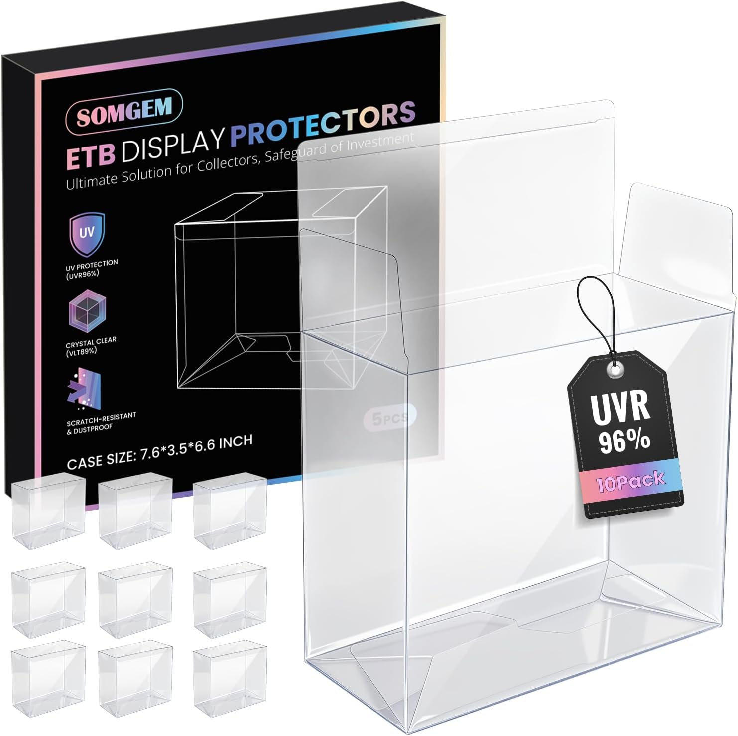 SOMGEM 96% UV-Blocking PKMN ETB Protector Case (10-Pack) - 192x90x168mm Anti-Scratch Design, 0.5mm Thick, Crystal-Clear PET Elite Trainer Box Protector