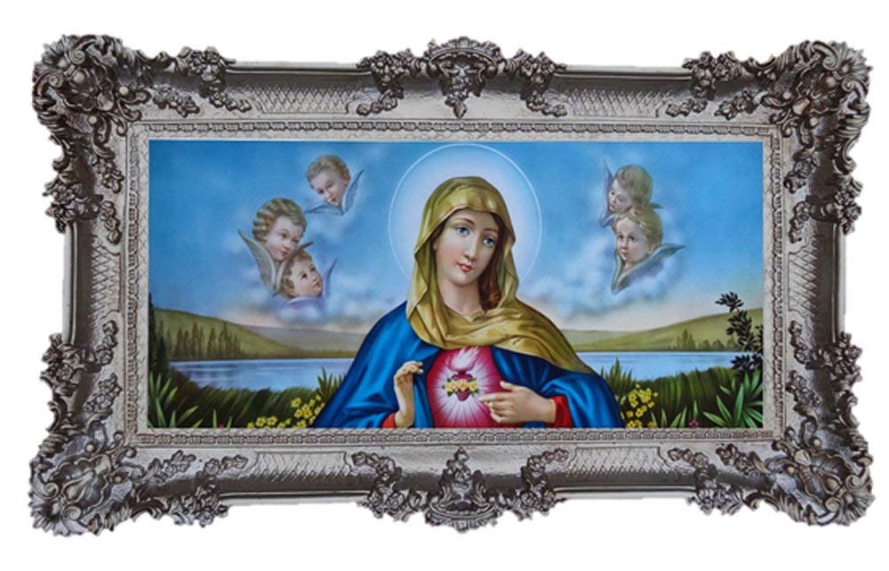 Przepiękny obraz w stylu barokowym, reprodukcja w stylu antycznym, oprawiony obraz z ornamentami w ramce, motyw Jezusa, Marii i Józefa, Święta Rodzina, ikony, obraz, reprodukcja, 96 cm x 57 cm (kolor stare srebro)