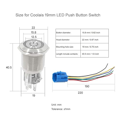 Miniatura 3 de Interruptor de encendido y apagado de 12 V a prueba de agua SPDT Botón momentáneo Ip67 Interruptores momentáneos Interruptor LED azul 0.748 in 5A 12