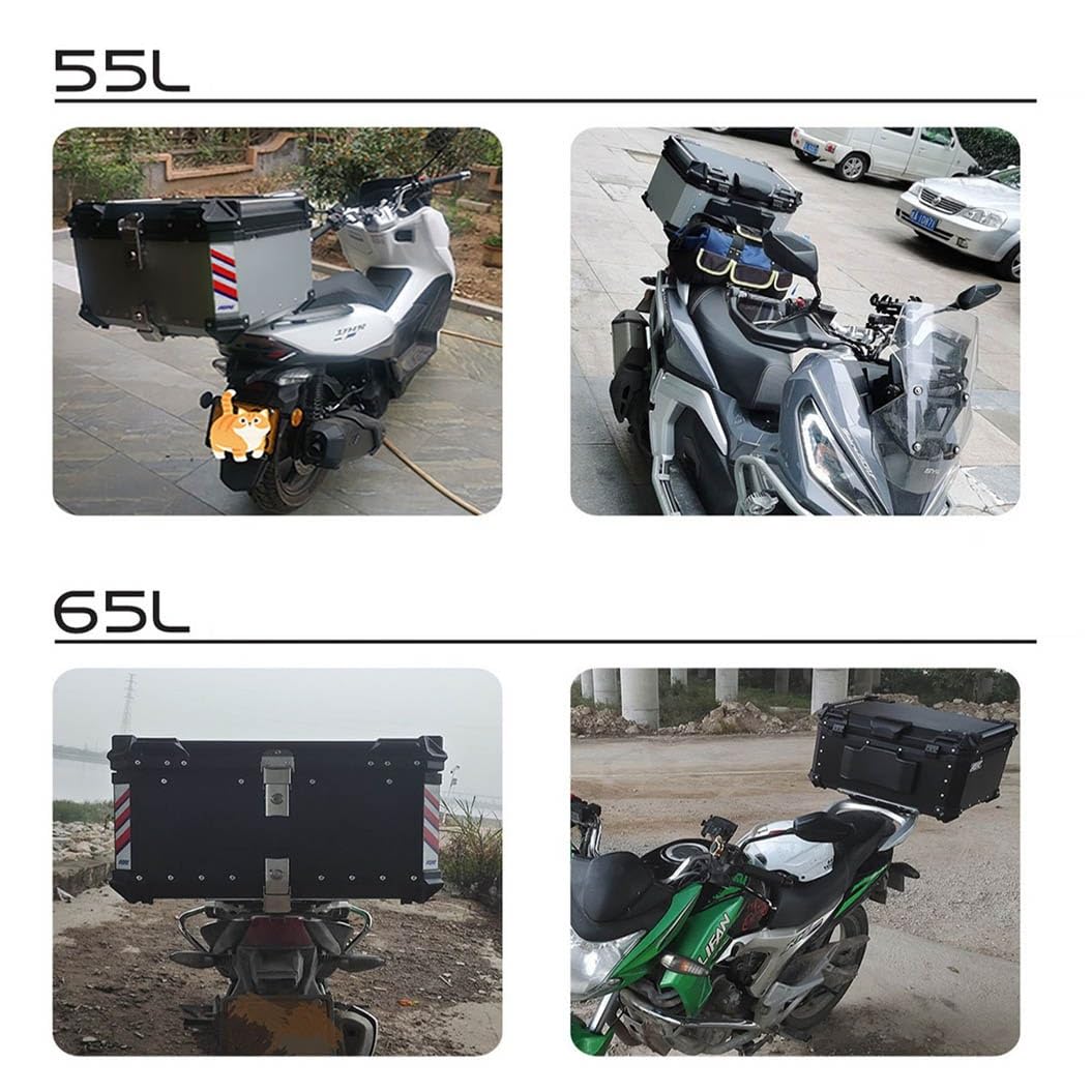 Top Case Moto Étanche, 45L 55L 65L Aluminium Moto Coffre Voyage Boîte De Queue, avec Serrure De Sécurité, pour Un Casque Et Bagages, Noir, Argenté (Couleur : Argent, Taille : 65L)