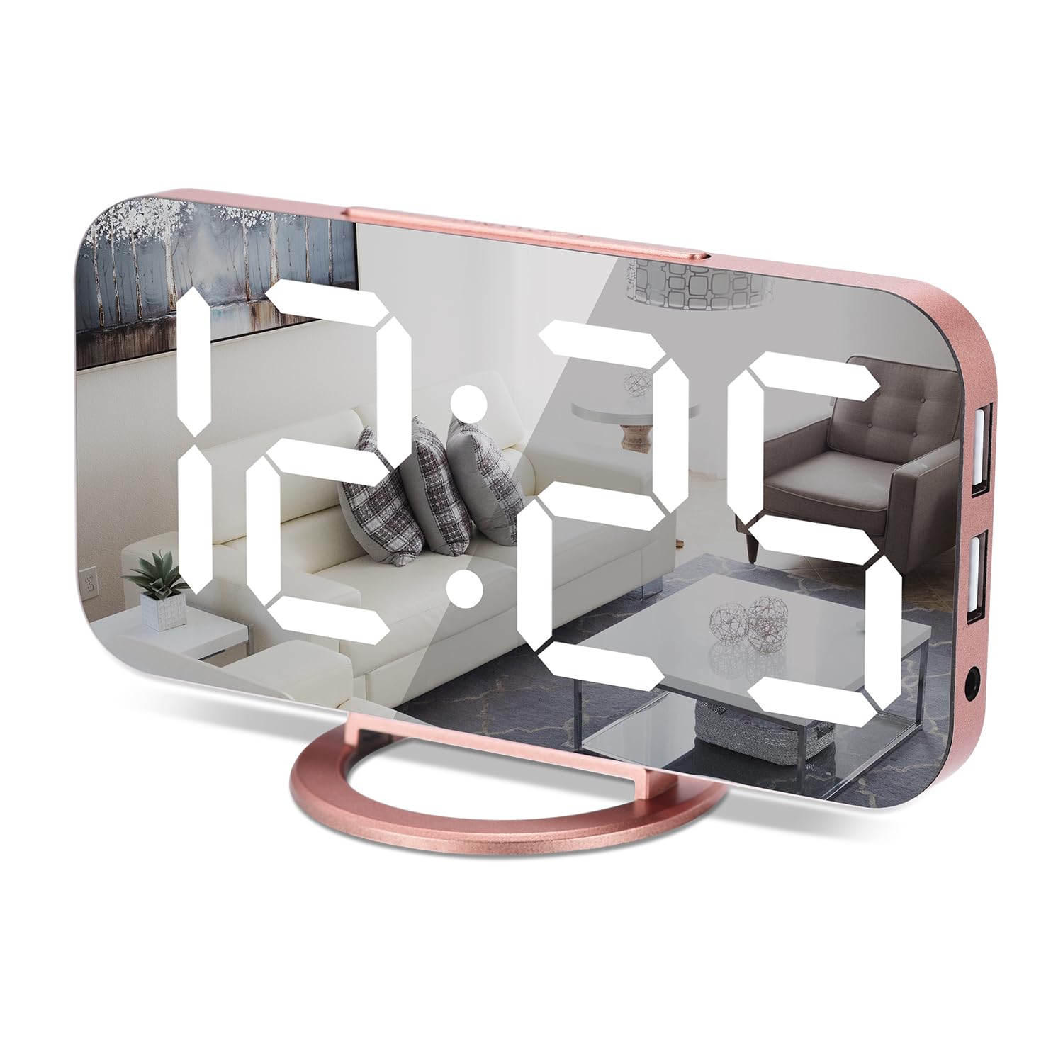 Reloj despertador digital, pantalla grande con espejo LED de 7 pulgadas, con puertos de cargador USB duales, función de repetición, modernos relojes electrónicos de pared de escritorio para